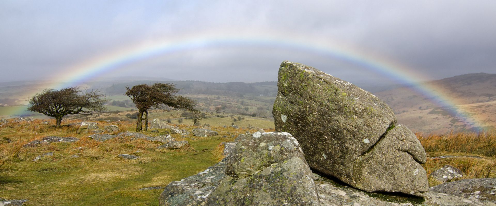 Rainbow on Dartmoor National Park, near Combestone Tor